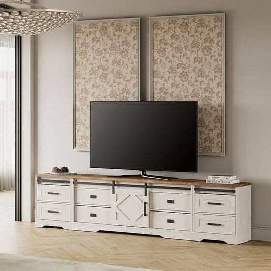 Farmhouse TV Stand with Charging Station and USB Ports for Tvs up to 110" Tvs,3 in 1 Wood Entertainment Center with 10 Drawers and Adjustable Shelves for Living Room,Antique White-0