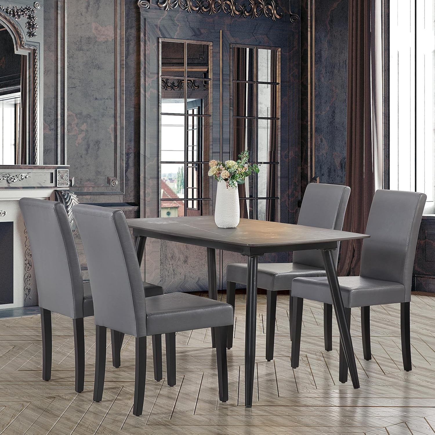 Set of 4 Dining Chairs Faux Leather High Back Kitchen Chair Upholstered Armless Side Chair with Waterproof Surface and Wood Legs for Home and Restaurant, Gray-4