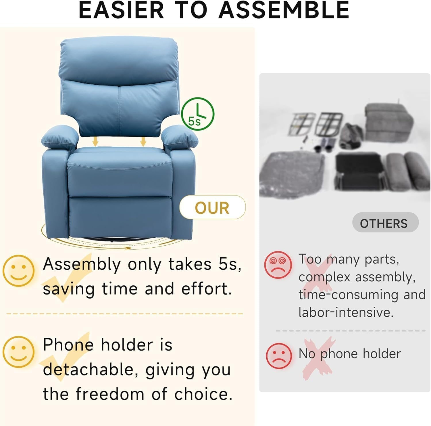 Rocker Swivel Recliner Chair, Rocking Recliner Chair Made of Microfiber Technical Cloth, Manual Small Recliners for Small Spaces Reclining for Living Room, Blue-3