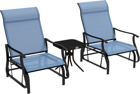 3-Piece Outdoor Gliders Set Bistro Set with Steel Frame, Tempered Glass Top Table for Patio, Garden, Backyard, Lawn, Light Blue-0