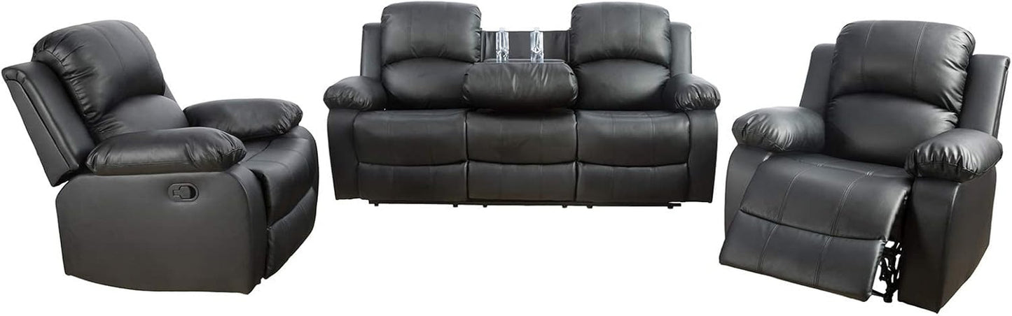 3 PCS Living Room Set, Faux Leather Recliner Sofa Set, Recliner Sofa Couch, Loveseat and Chair (Black)-2