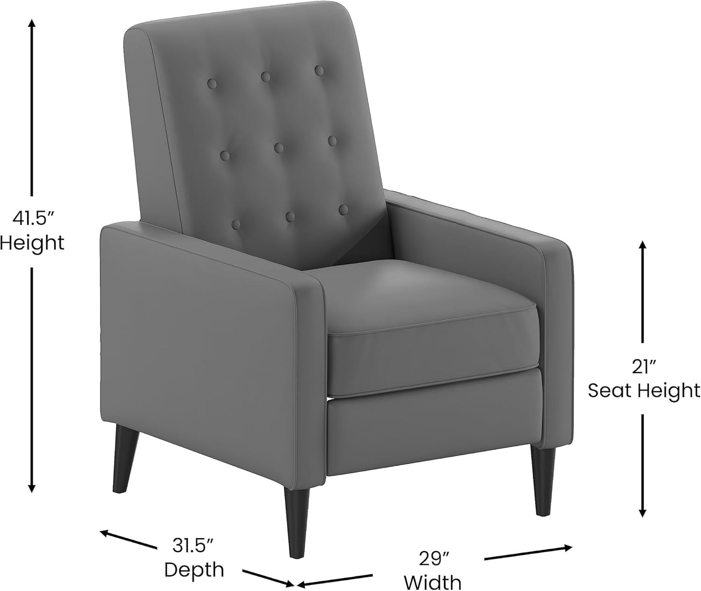 Ezra Pushback Recliner - Mid-Century Modern Light Gray Leathersoft Upholstery - Button Tufted Back - Residential & Commercial Use-2
