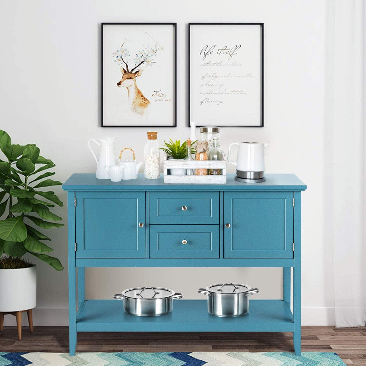 Aqua Wood Buffet Sideboard with Cabinets and Drawers-0