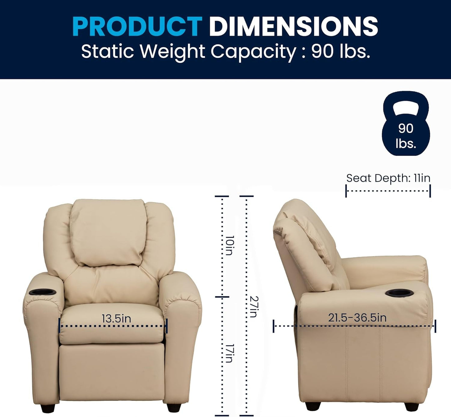 Vana Vinyl Kids Recliner with Cup Holder, Headrest, and Safety Recline, Contemporary Reclining Chair for Kids, Supports up to 90 Lbs., Beige-2