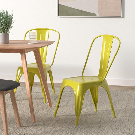 Metal Dining Chair Farmhouse Tolix Style for Kitchen Dining Room Café Restaurant Bistro Patio, 18 Inch, Stackable, Waterproof Indoor/Outdoor (Sets of 4) (Steel Seat, Yellow)-1