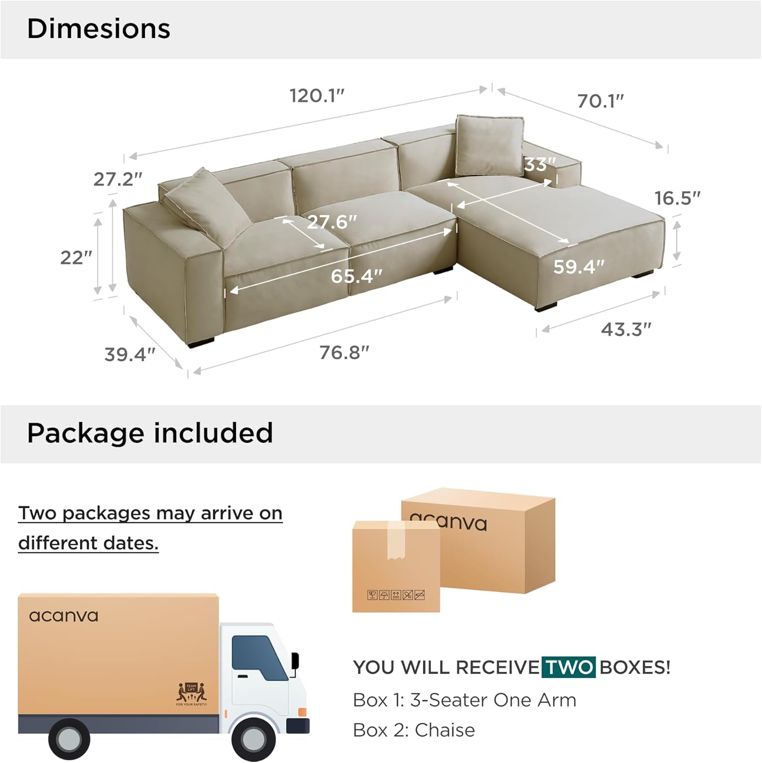 Modern L-Shaped Deep Sectional Sofa Furniture Set for Living Room Lounge, Minimalist Style Comfy Suedette Upholstery Corner Couch with Chaise, Cream-1