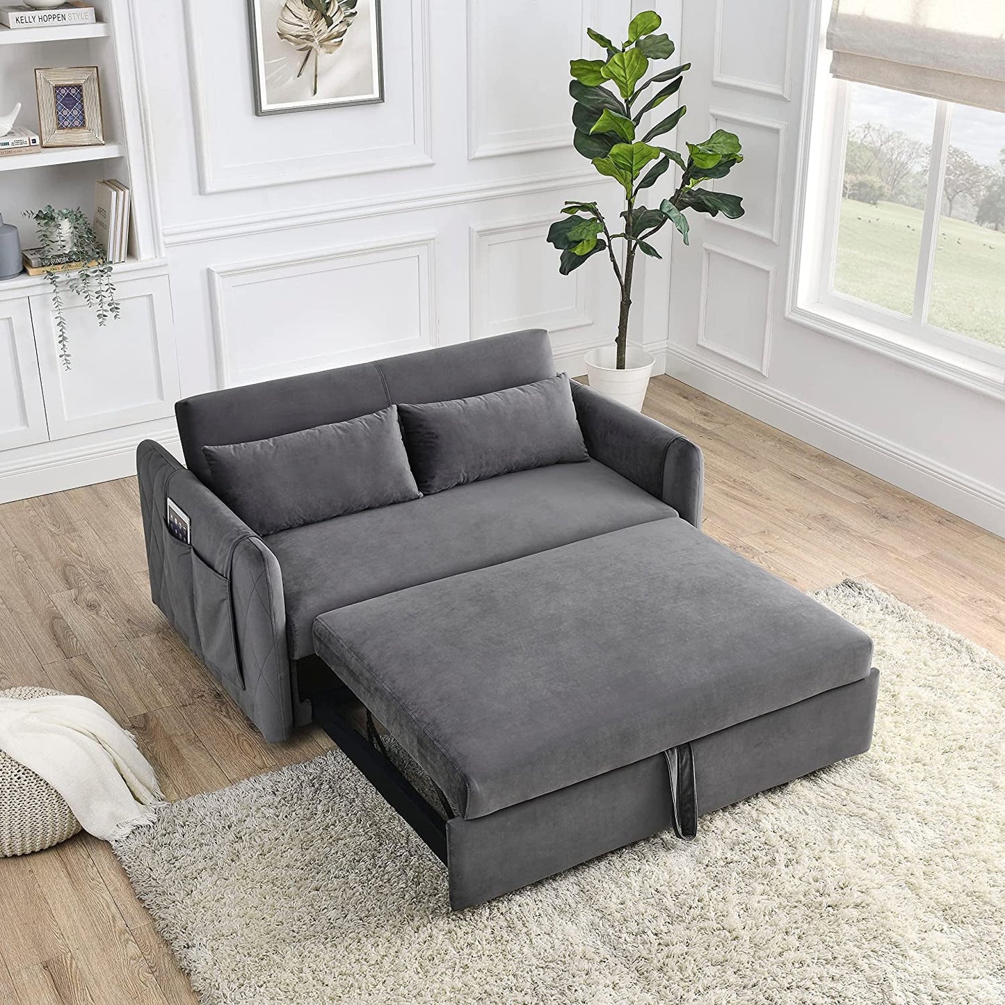55″ Velvet Convertible Sofa Bed with Adjustable Backrest-1