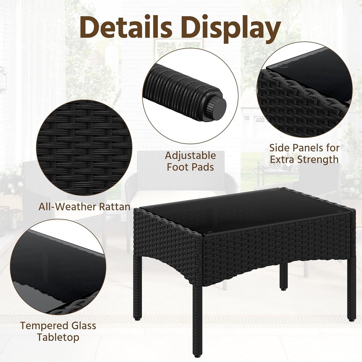 Patio Furniture Set 4 Pieces Conversation Sets, Rattan Chair Wicker Set Loveseat with Soft Cushion and Glass Table for Backyard Porch Garden Poolside Balcony, Black and Beige-4