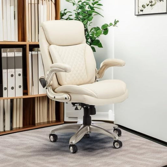 Ergonomic Desk Office Chair, Flip-Up Armrests, Adjustable Height, Cream Leather-1