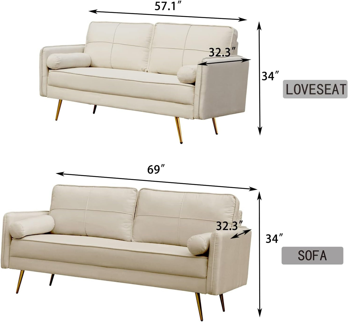Modern Velvet Sofa Tufted Couch Upholstered Loveseat with Bolsters & Metal Legs for Living Room,Bedroom,Study,Playroom,Apartment,Dorm - Beige-2