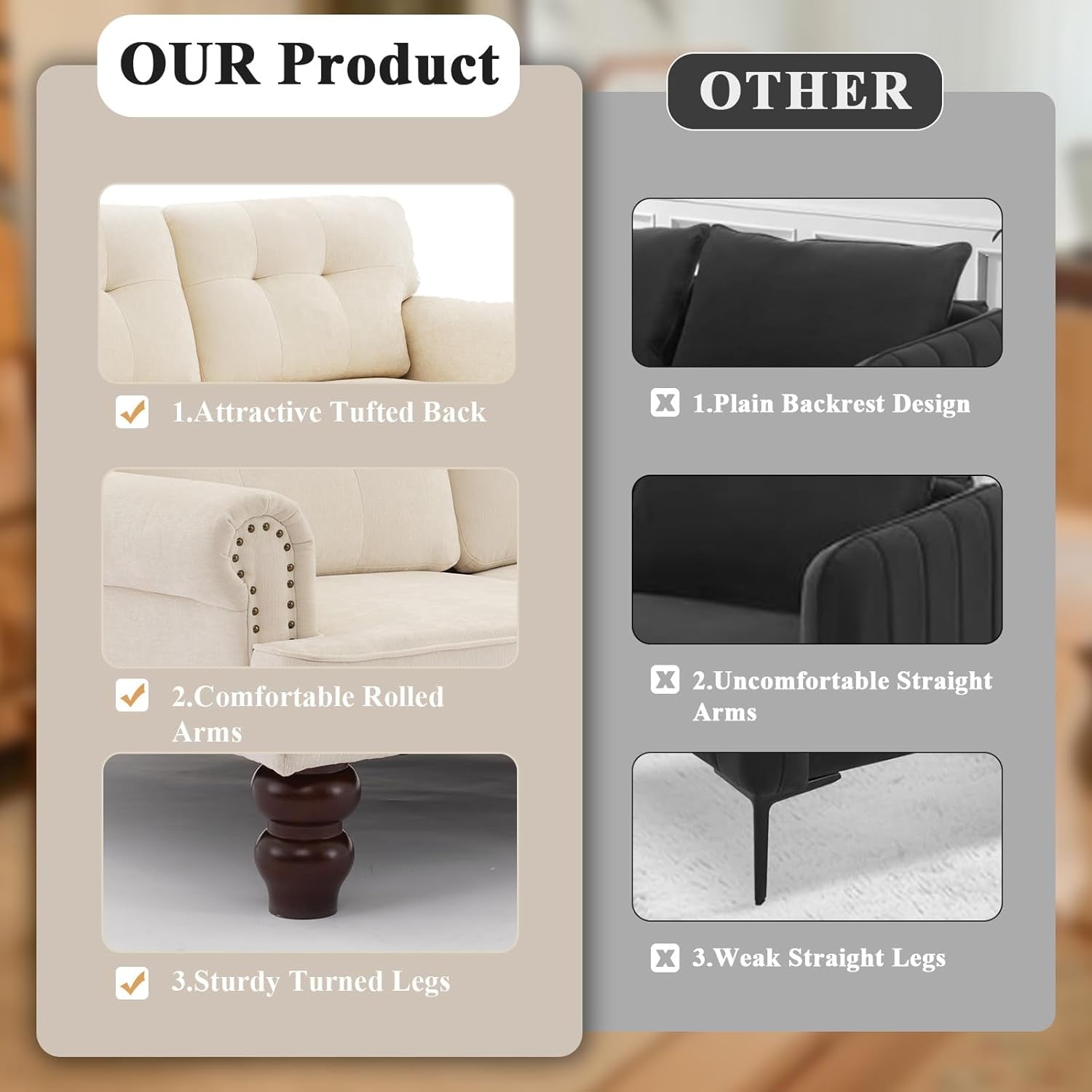 Tufted Sofa Set for Living Room, Including 3 Seater Couch, Loveseat Sofa, and Living Room Chairs with Rivets, Rolled Arms, and Solid Wood Legs, Couches for Living Room, Bedroom, Office, Biege-3