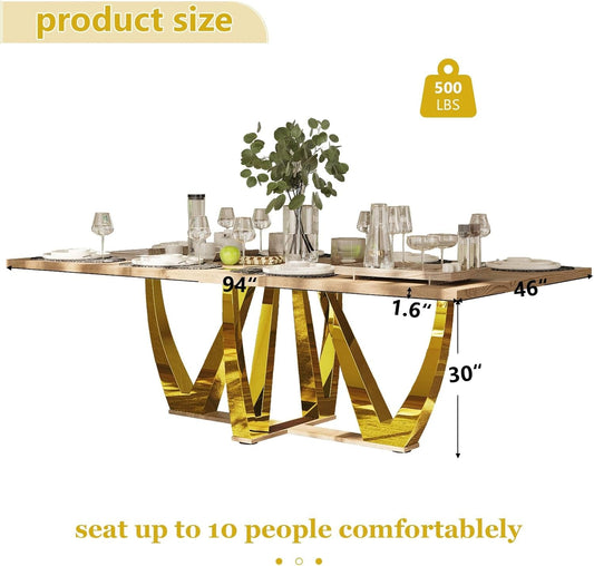 94 Inch Large Walnut Dining Table for 8-10 People, Polished Stainless Steel Tree Fork Legs, Wooden Cross Base, Sturdy and Waterproof, Wooden Dining Table Suitable for Kitchen, Dining Room-1