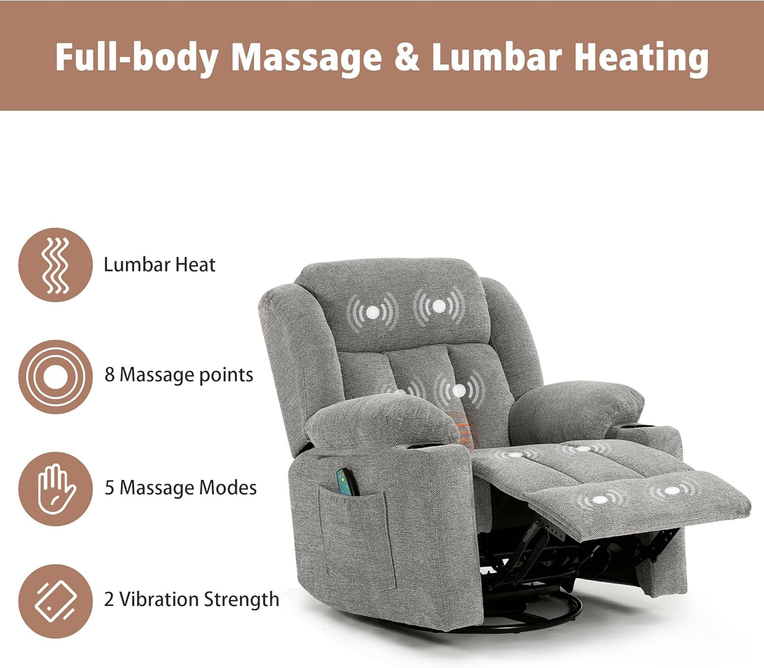 Rocker Swivel Recliner Chair for Adults, Overstuffed Large Manual Recliner Glider with Massage and Heat, Comfy Soft Fabric Living Room Reclining Sofa Chair(Lime Gray)-2