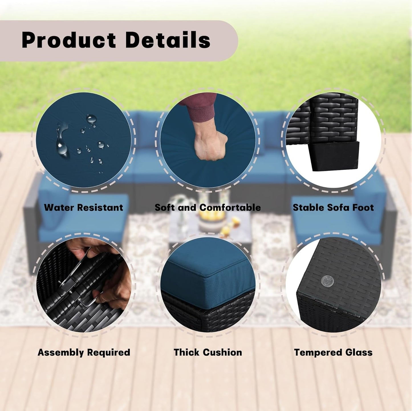 7 Pieces Patio Furniture Sets, Outdoor Furniture Patio Conversation Set, All Weather PE Rattan Sectional Sofa with Cushions and Glass Table (Coffee-Peacock Blue,7 Pieces-S)-2