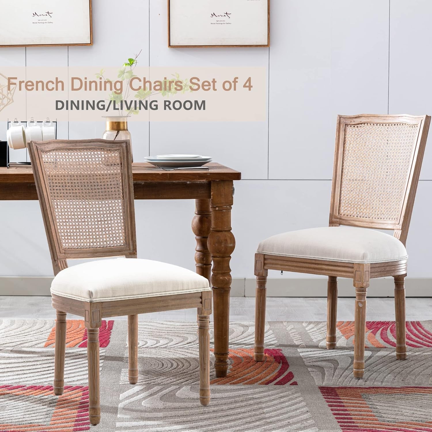 Farmhouse Dining Room Chairs Set of 4, French Dining Chairs with Square Rattan Back, Solid Wood Legs, French Bistro Chairs for Dining Room/Living Room/Kitchen/Restaurant-1