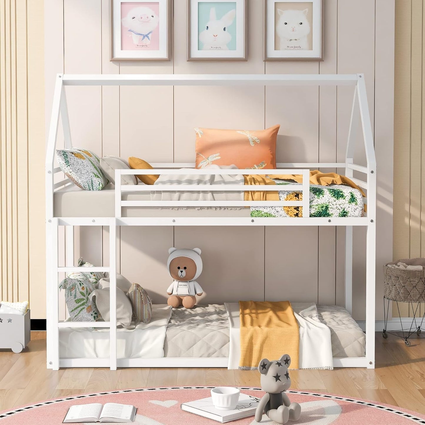 Bunk Bed Twin over Twin Metal Floor Bunk Bed with Ladder, House Shaped Bunk Bed Frame with Metal Slats for Dormitory and Bedroom, Space Saving, No Box Spring Needed-2