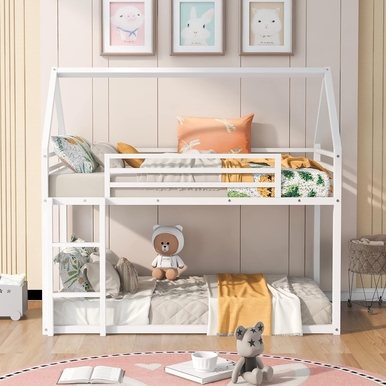 Bunk Bed Twin over Twin Metal Floor Bunk Bed with Ladder, House Shaped Bunk Bed Frame with Metal Slats for Dormitory and Bedroom, Space Saving, No Box Spring Needed-2