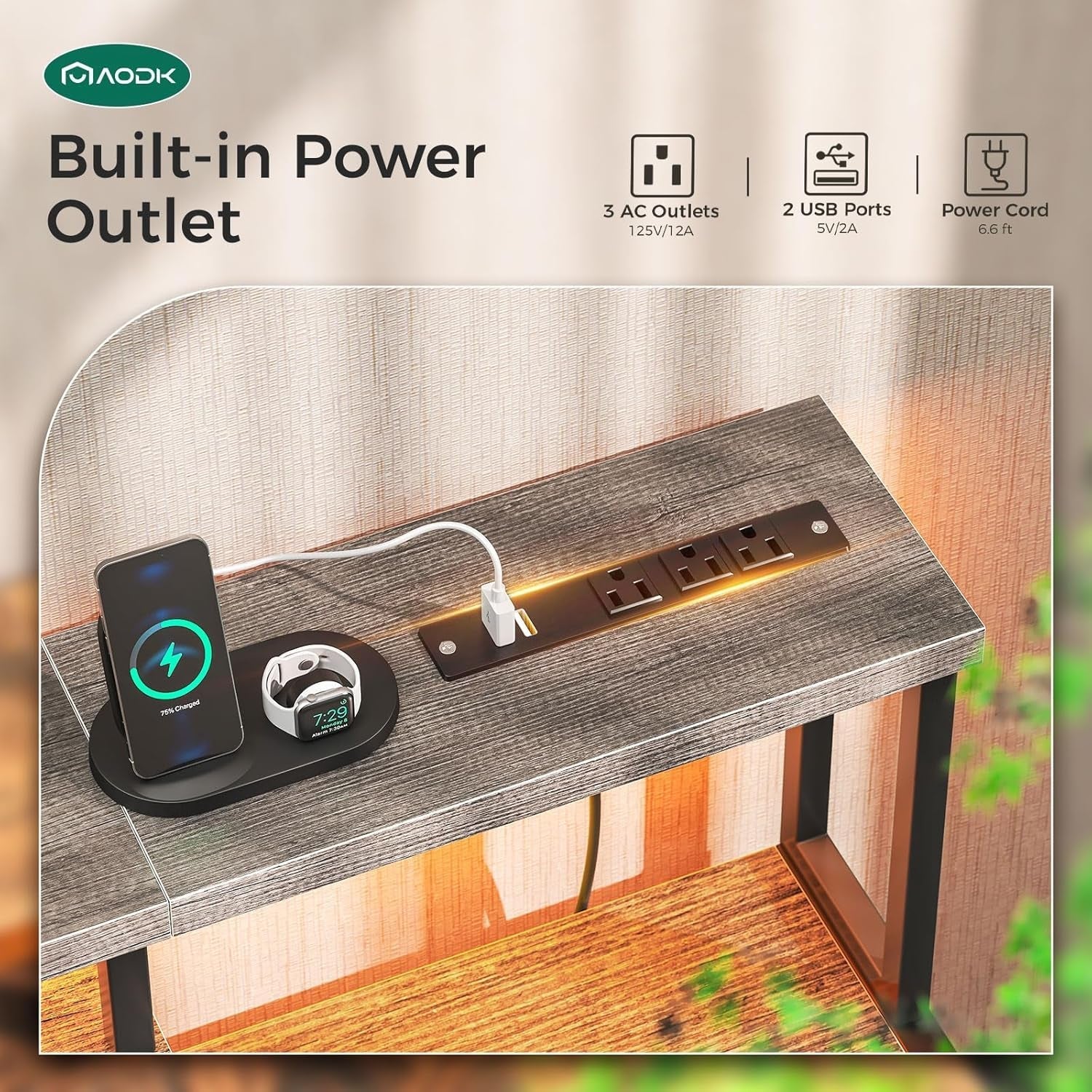 Computer Desk, 48 Inch Gaming Desk with Led Lights & Power Outlet, Office Desk with Printer Storage Shelves, Reversible Desk with Monitor Shelf & Headphone Hook, Grey Oak-3