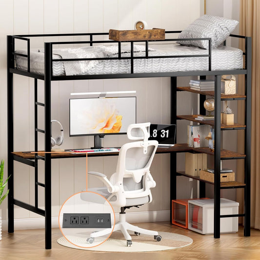 Black Twin Loft Bed: Desk, Shelves, Stairs-0