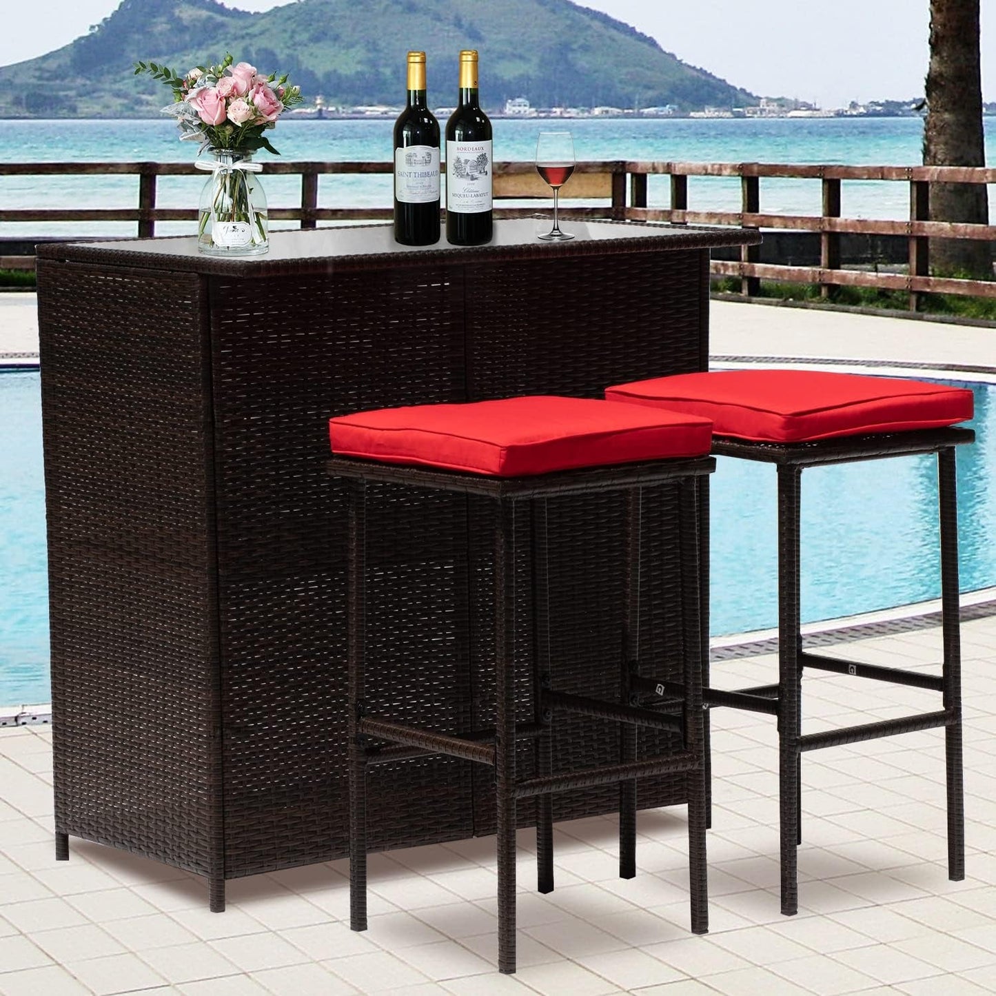 3-Piece Patio Bar Set Outdoor Wicker Bar Set All-Weather Rattan Bar Table Set Outdoor Furniture Set W/2 Stools, Glass Top Table and 2 Thick Cushion for Patios Backyards Porches Gardens Poolside, Red-0