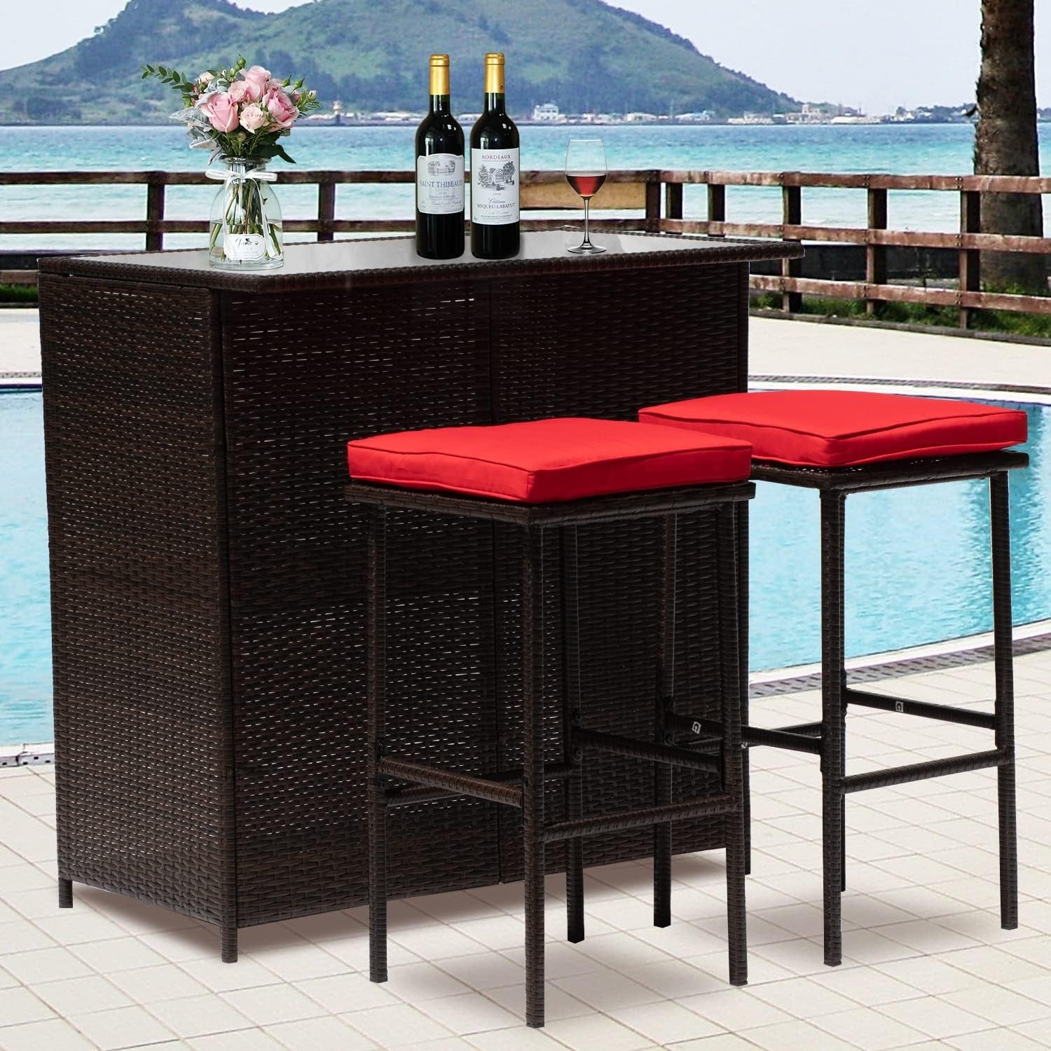 3-Piece Patio Bar Set Outdoor Wicker Bar Set All-Weather Rattan Bar Table Set Outdoor Furniture Set W/2 Stools, Glass Top Table and 2 Thick Cushion for Patios Backyards Porches Gardens Poolside, Red-0