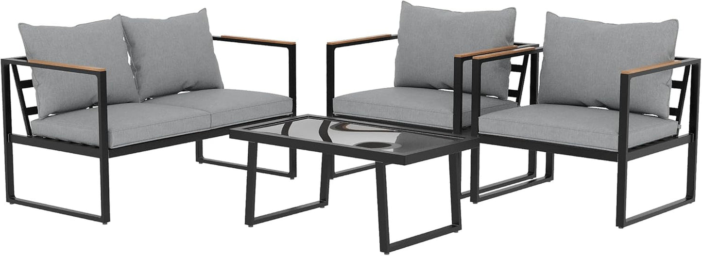 Courtyard Patio Furniture Set, 4-Piece Outdoor Patio Set with Sofa, Removable & Washable Deep Seating Cushion, Tempered Glass Table, outside Patio Conversation Sets, Black & Grey-0