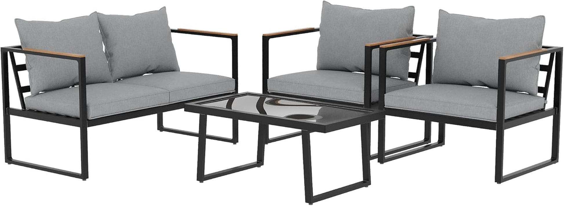 Courtyard Patio Furniture Set, 4-Piece Outdoor Patio Set with Sofa, Removable & Washable Deep Seating Cushion, Tempered Glass Table, outside Patio Conversation Sets, Black & Grey-0