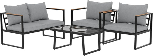 Courtyard Patio Furniture Set, 4-Piece Outdoor Patio Set with Sofa, Removable & Washable Deep Seating Cushion, Tempered Glass Table, outside Patio Conversation Sets, Black & Grey-0