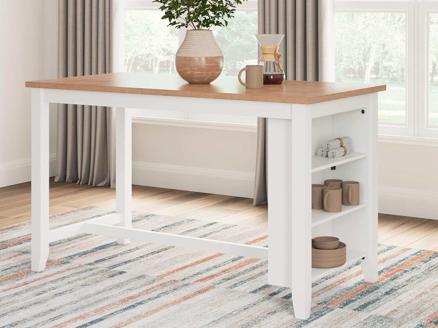 Gesthaven Farmhouse Counter Height Dining Table with 3 Shelves and Trestle Base, Light Brown & White-1