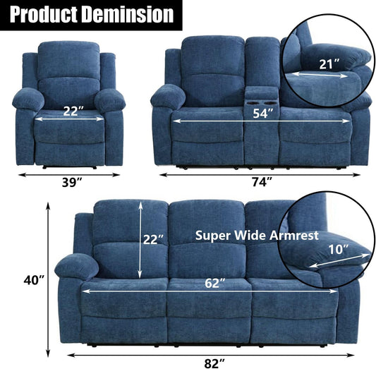 Recliner Sofa Set for Living Room Set, Reclining Sofa and Loveseat Set for Reclinier Sofa with Drop down Table/Double Recliner Loveseat with Storage Console/Blue Linen-1