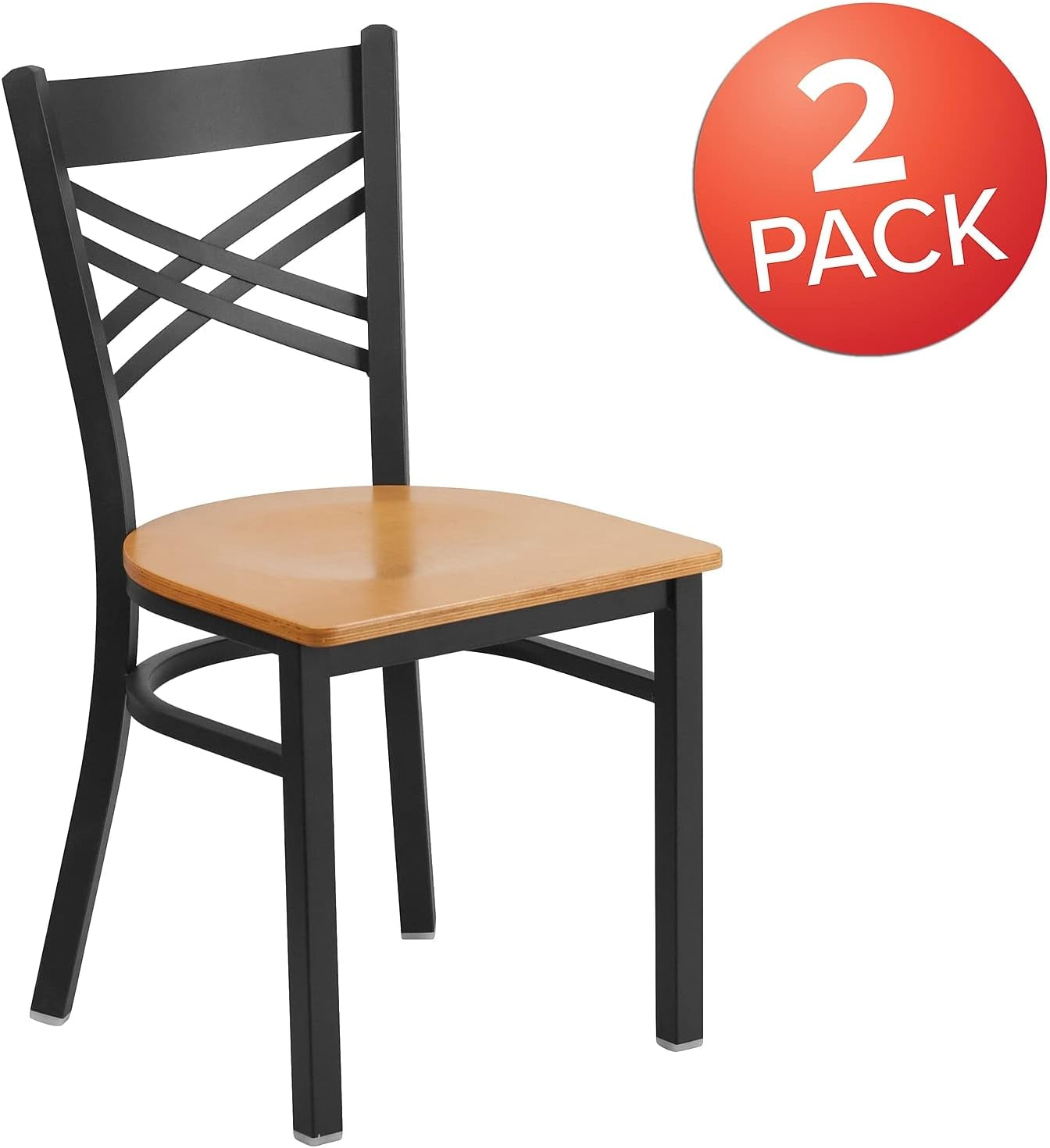 2 Pack HERCULES Series Black ''X'' Back Metal Restaurant Chair - Natural Wood Seat-3