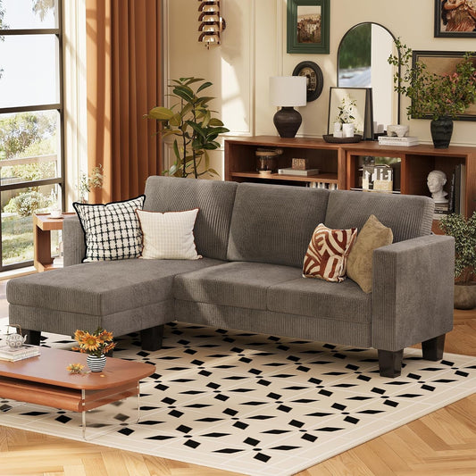 Convertible Sectional Sofa Couch, 3 Seat L-Shaped Sofa with Linen Fabric Ottoman Small Couch for Small Apartments, Living Room and Office (Corduroy, Gray)-0