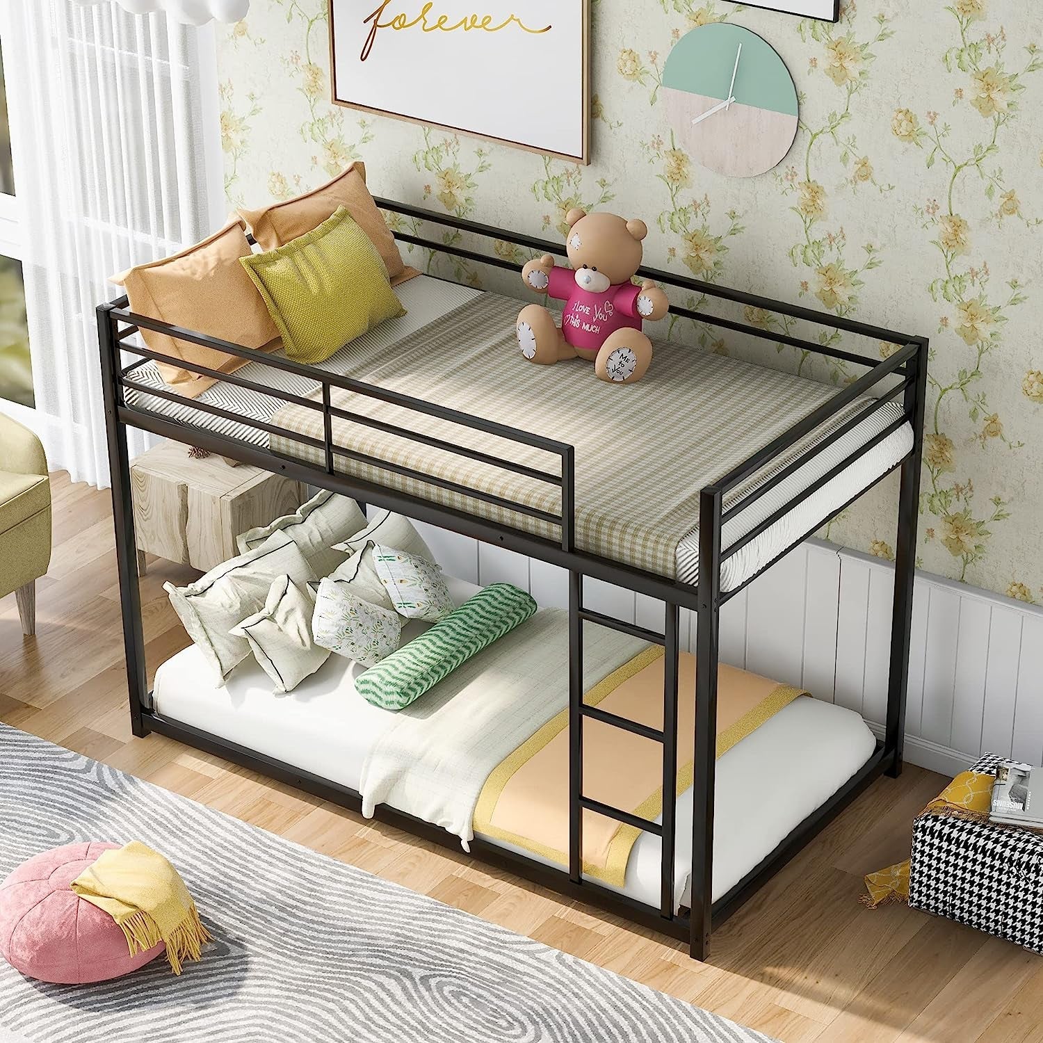 Black Twin Metal Bunk Bed with Guard Rails and Ladder-3