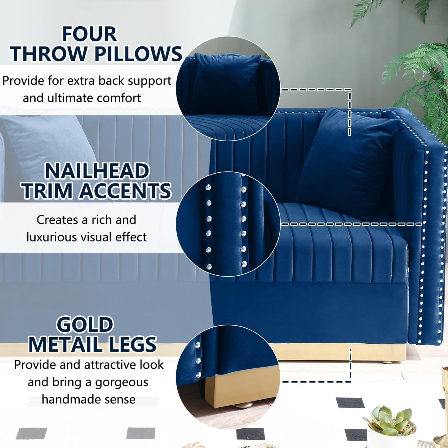 Velvet Sofa Set: Modern L Shaped Couch and Loveseat Set with Gold Metal Legs and Nailhead for Living Room, Apartment and Office (Blue)-2