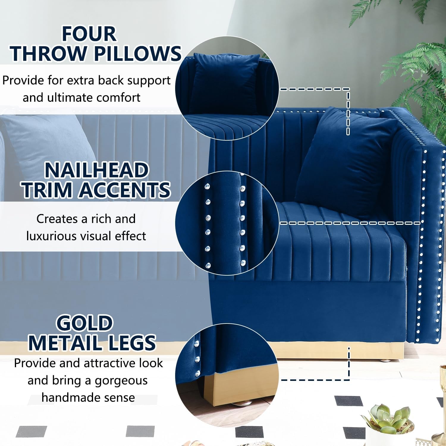 Velvet Sofa Set: Modern L Shaped Couch and Loveseat Set with Gold Metal Legs and Nailhead for Living Room, Apartment and Office (Blue)-2