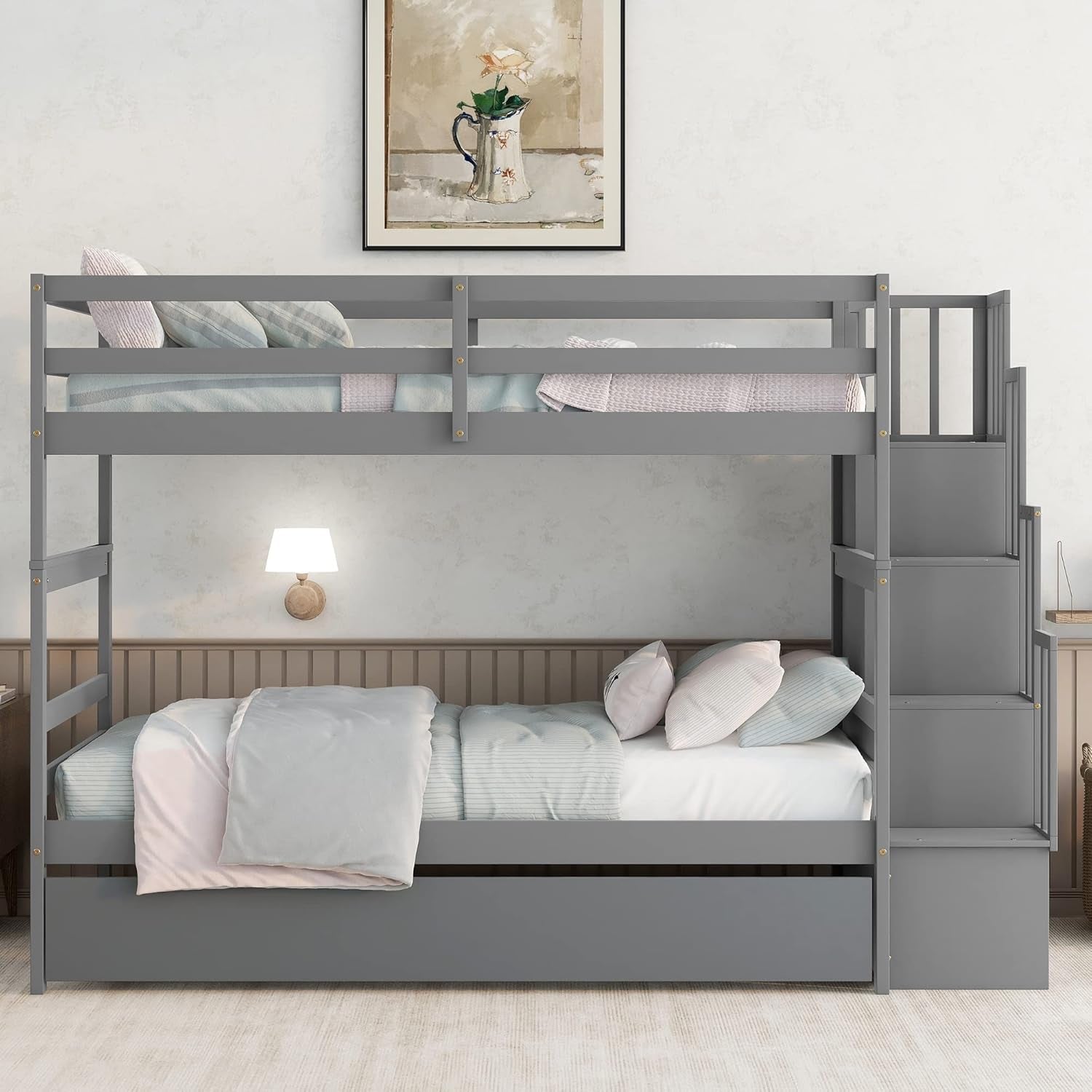 Twin over Twin Bunk Bed with Trundle and Storage Shelf, Solid Wood Bunk Bed with Staircase for Kids,Toddler,Teens,Adults No Box Spring Needed (Grey, Twin/Twin)-2