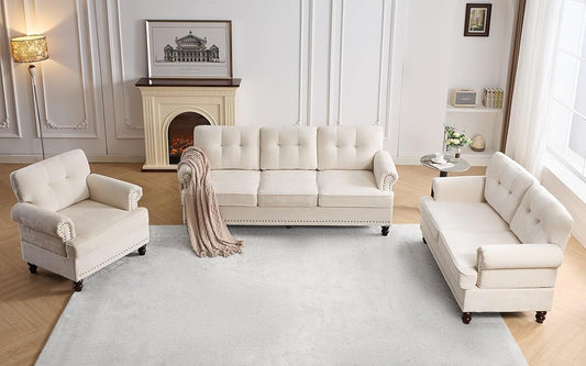 Tufted Sofa Set for Living Room, Including 3 Seater Couch, Loveseat Sofa, and Living Room Chairs with Rivets, Rolled Arms, and Solid Wood Legs, Couches for Living Room, Bedroom, Office, Biege-0