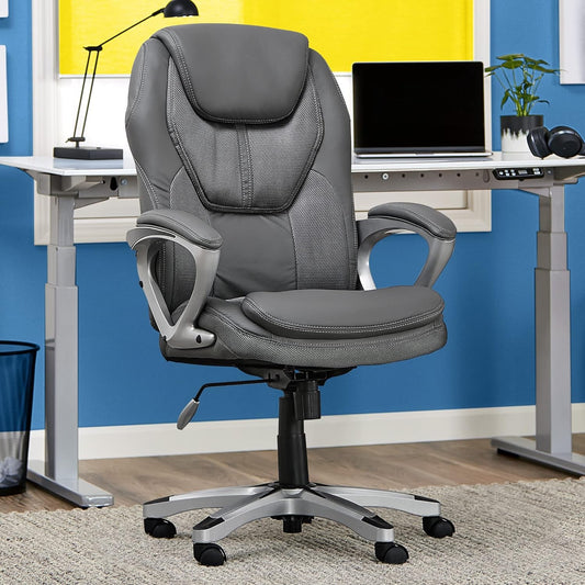 Executive Office Padded Arms, Adjustable Ergonomic Gaming Desk Chair with Lumbar Support, Faux Leather and Mesh, Light Gray-1