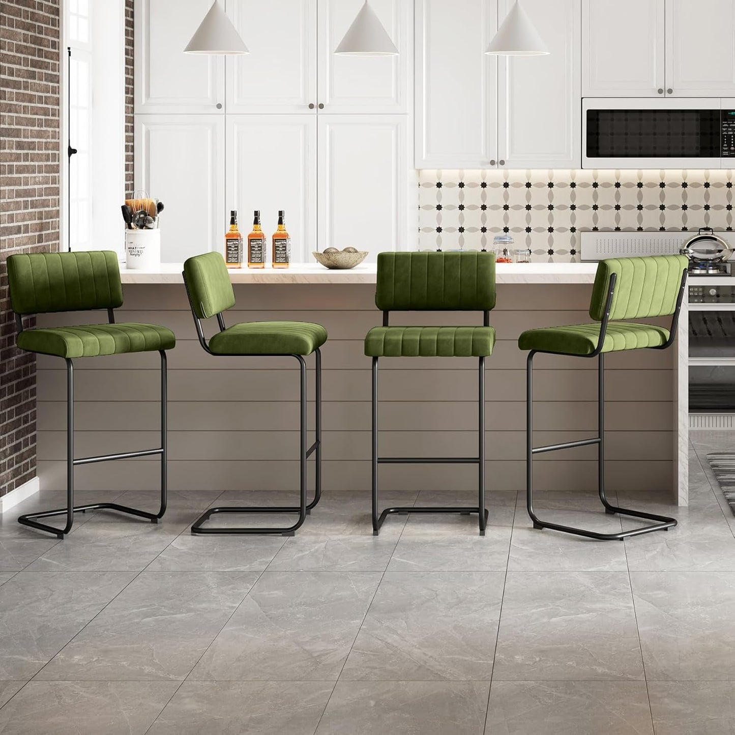 30'' Modern Bar Stools with Tufted Backs, Upholstered Velvet Fabric Bar Height Stools Chairs, Mid Century Cantilever Barstools for Kitchen Island Pub Set of 2-4