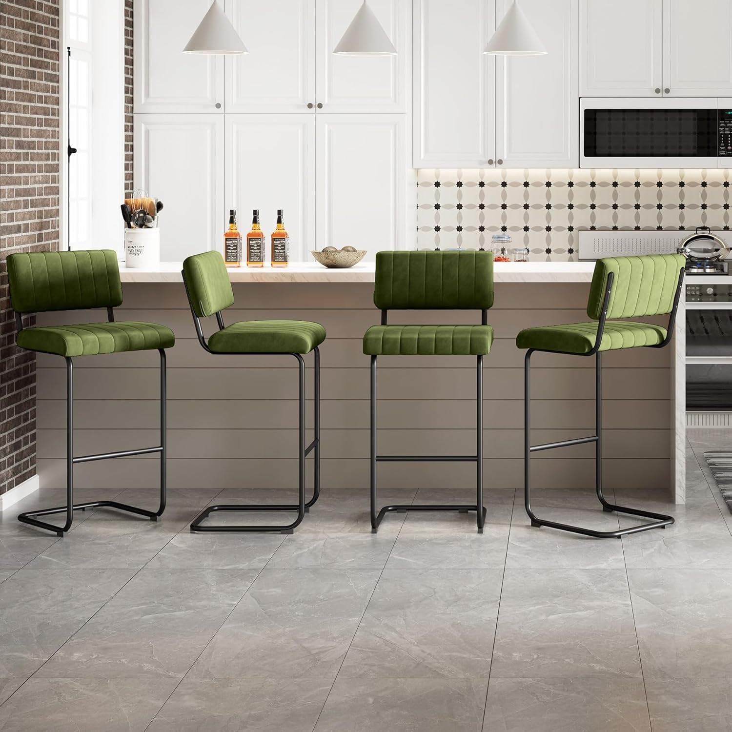 30'' Modern Bar Stools with Tufted Backs, Upholstered Velvet Fabric Bar Height Stools Chairs, Mid Century Cantilever Barstools for Kitchen Island Pub Set of 2-4