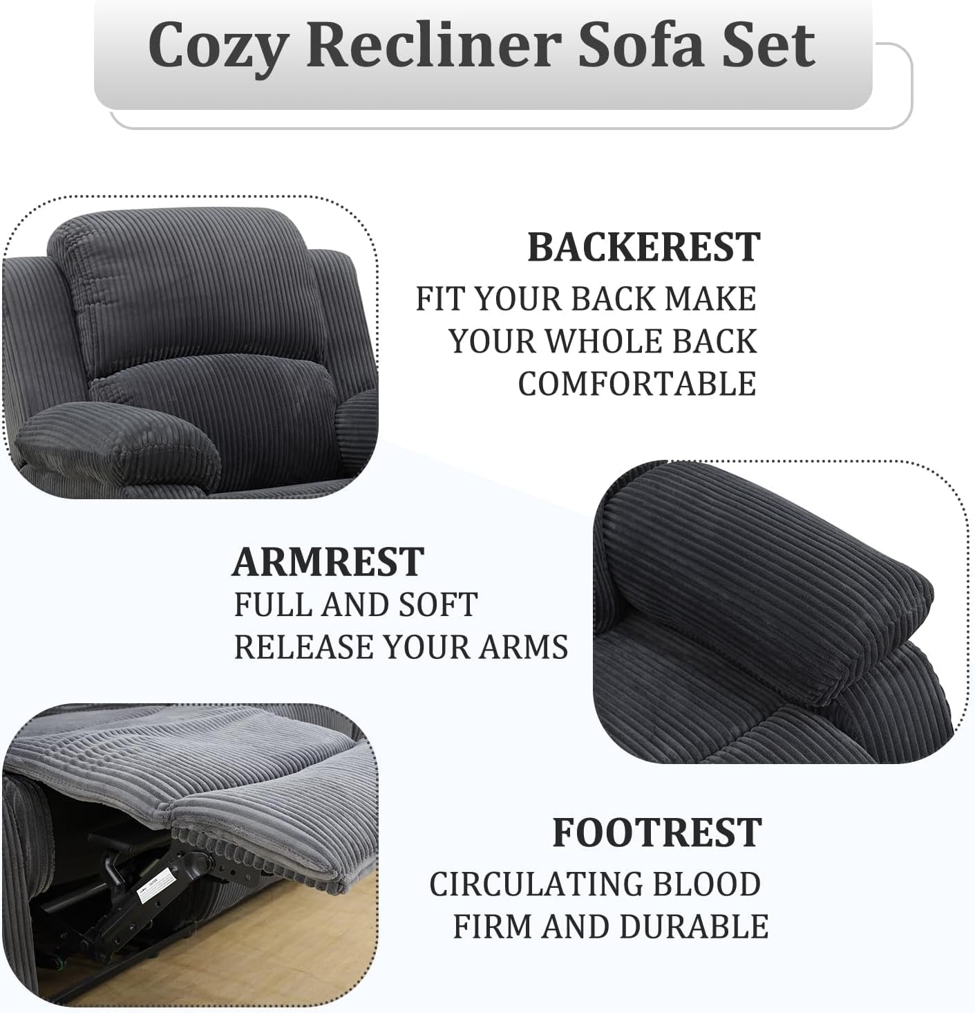 Recliner Sofa Set Living Room Furniture, Flannel Fabric Reclining Sofa Set, Recliner Couch Set with Cup Holders and Storage Console (3 Pieces Living Room Furniture Set, Dark Grey)-2