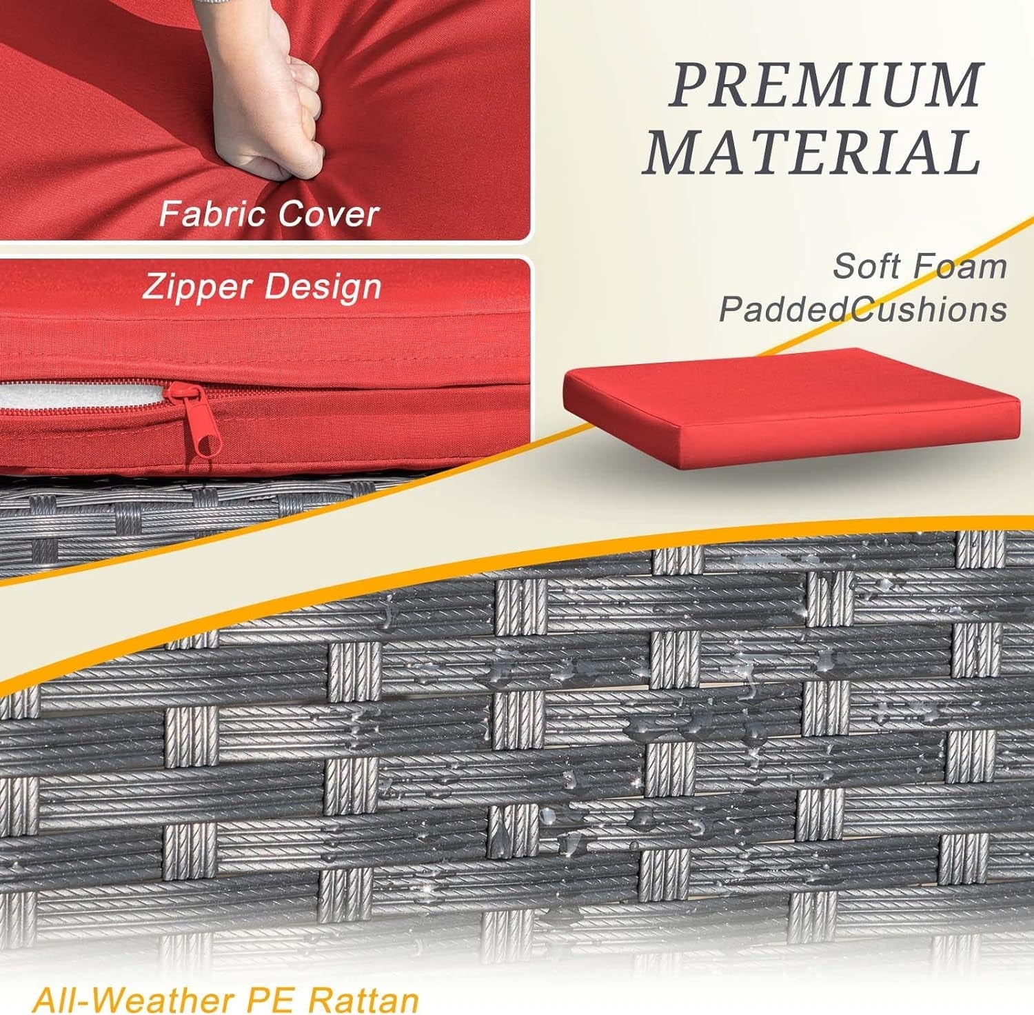 3 Pieces Wicker Patio Furniture Outdoor Modern Rattan Chair Conversation Sets with Coffee Table for Yard and Bistro (Red)-3