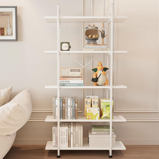 Bookshelf 5 Tiers White Wooden Storage Shelf,Modern Open Display Storage Bookcase Book Organizer,Metal Bookshelf Standing Storage Shelf Tall Shelving Units for Home Office Study-0