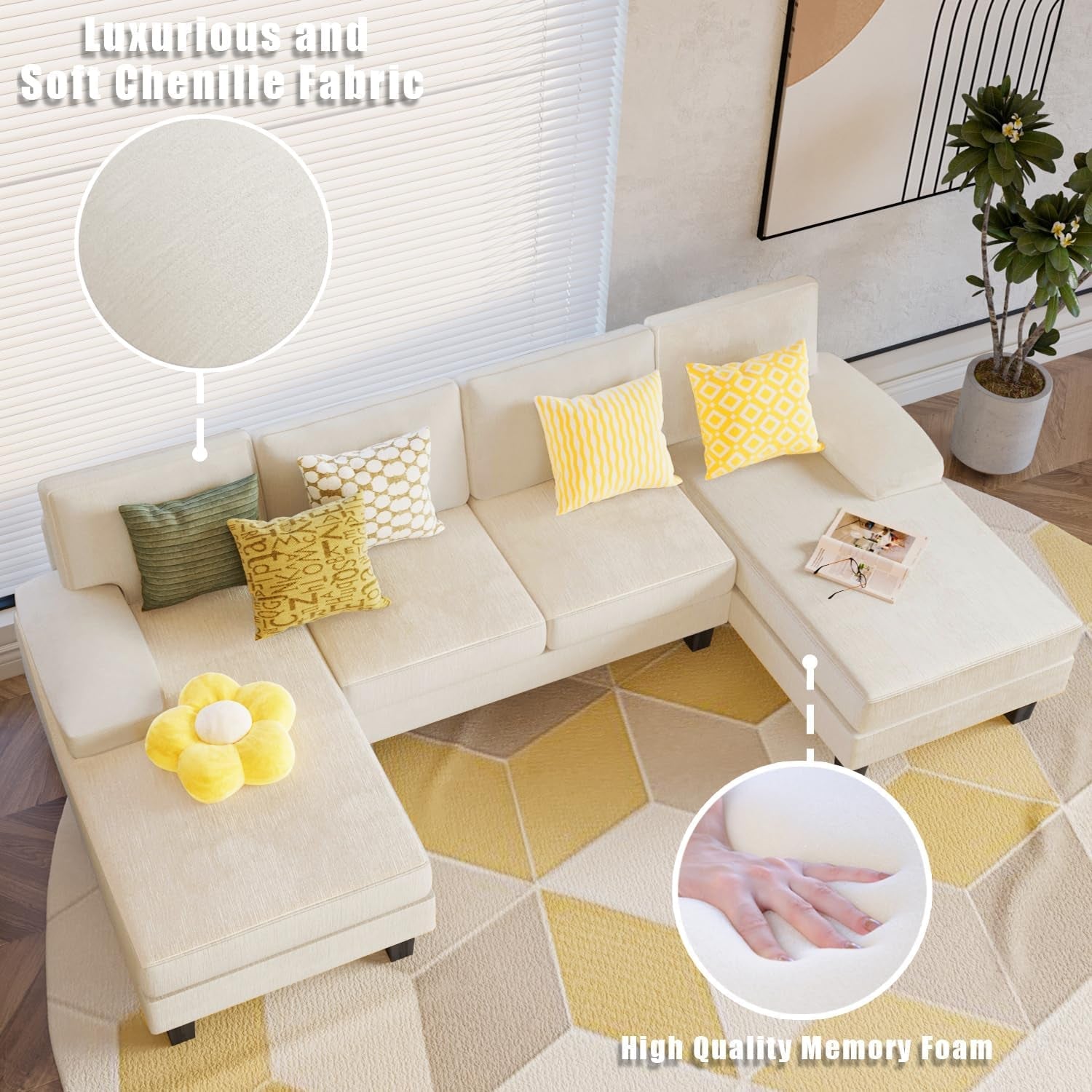 Convertible Sectional Sofa U-Shaped Couch with Soft Modern Cotton Chenille Fabric for Living Room, Oversized Seats with Comfortable Backrest, Beige White-4
