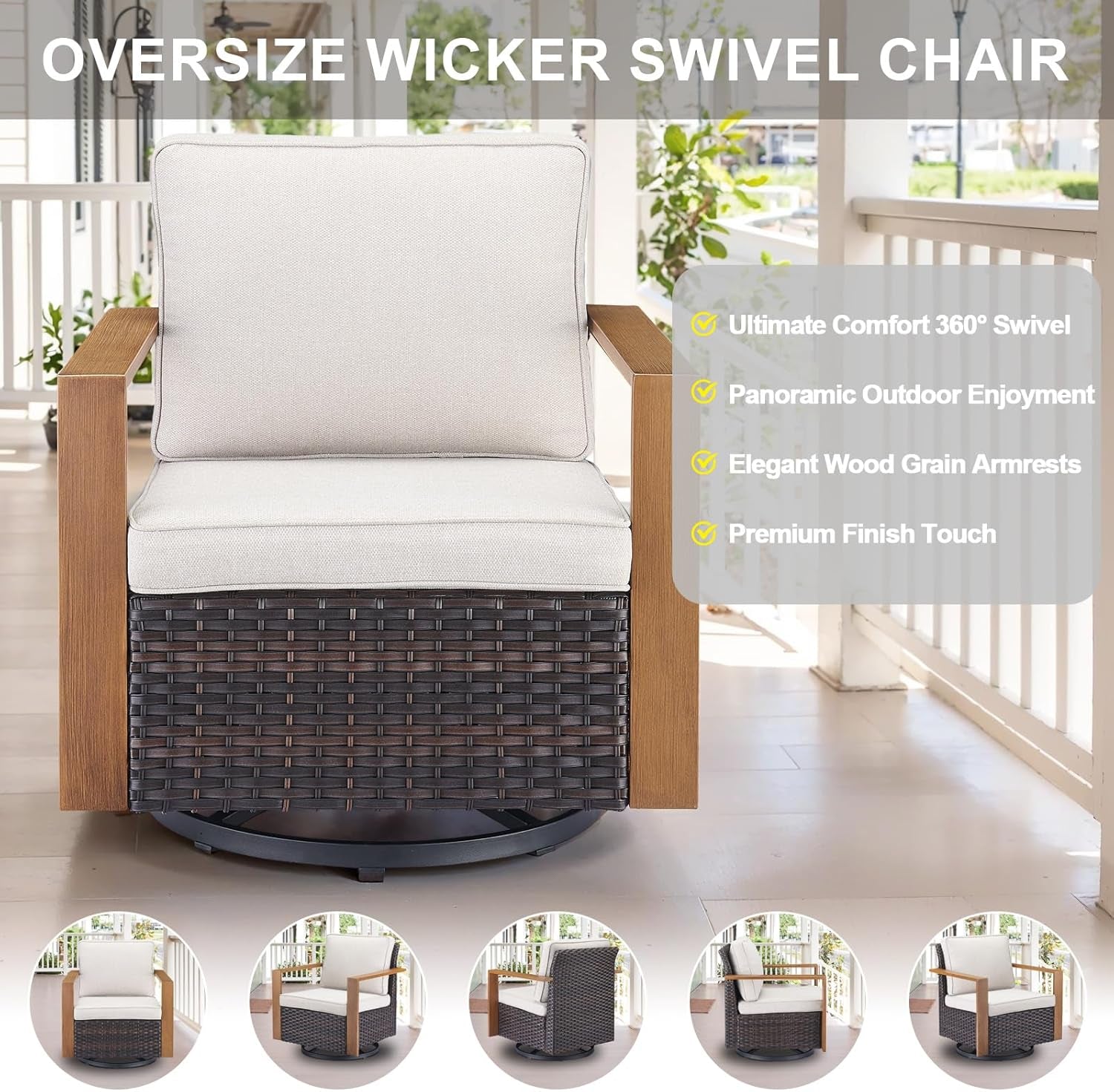 Full 4 Pieces Patio Furniture Set with 41” Propane Fire Pit Table, Outdoor Conversation Set with Swivel Glider Outdoor Chair Set of 2 and Rattan Sofa for Deck Backyard-3