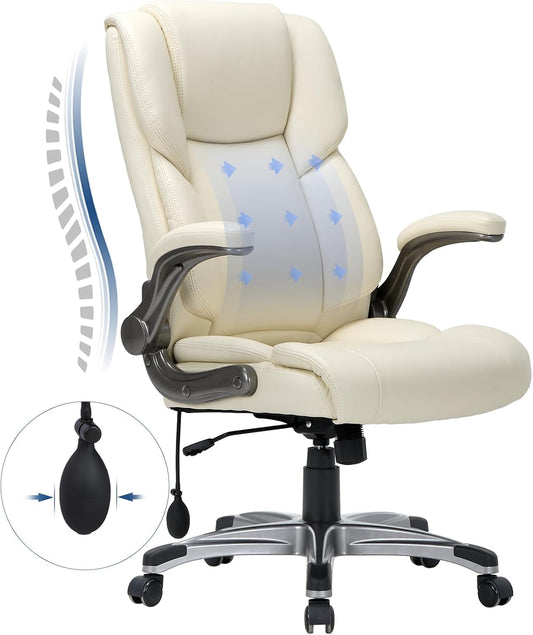 Ivory Leather Office Chairs, High Back, Flip-Up Arms, 2-Pack-1