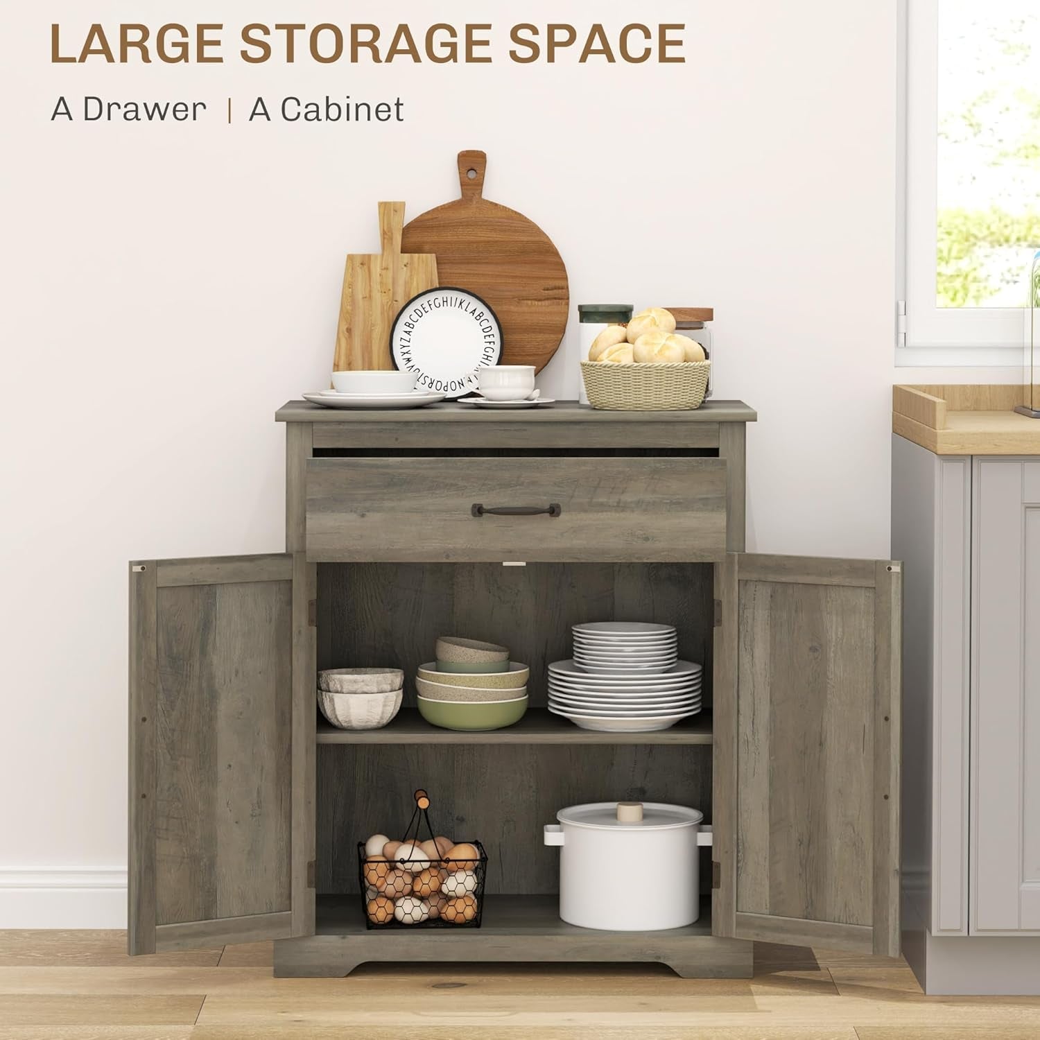 Gray Farmhouse Sideboard Buffet Cabinet with Drawer Shelf-3