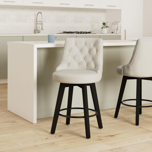 Counter Height Bar Stools, Faux Leather Upholstered Modern Swivel Barstool with Back, Solid Wood Legs, 26" H Seat, White-1