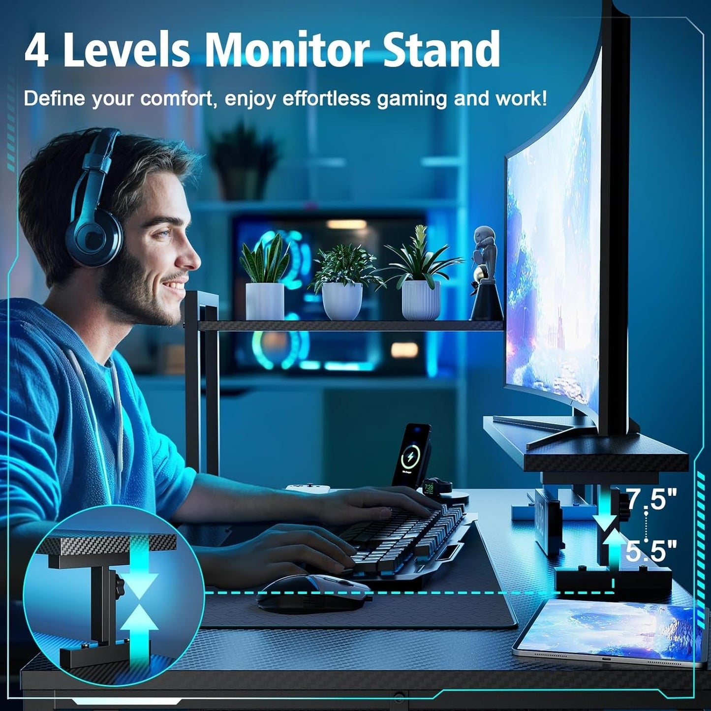 OMICON Computer Desk with LED Light, 42-55 Inch Gaming Desk with Reversible Storage Shelves, Office Desk with Power Outlets Corner Desk for Home Office, Small Space Desk Black Carbon Fiber (42)-4