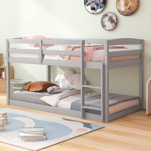 Twin Low Bunk Bed, Solid Wood Twin over Twin Bunk Bed Frame with Full Guardrails & Integrated Ladder, Floor Twin Bunk Beds for Kids Boys and Girls, No Box Spring Needed, Grey-0